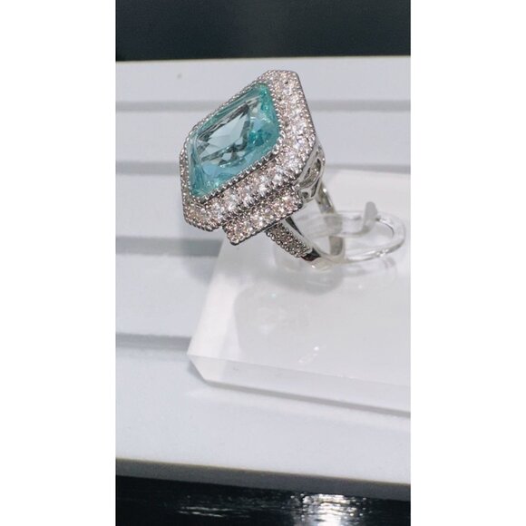 Aquamarine Cubic Zirconia Crystal Statement Ring Size 9 - Picture 13 of 16